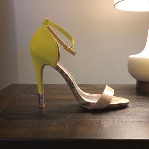 Yellow, Snake skin print, and tan High Heels